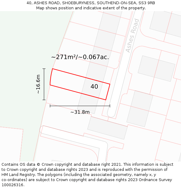 40, ASHES ROAD, SHOEBURYNESS, SOUTHEND-ON-SEA, SS3 9RB: Plot and title map