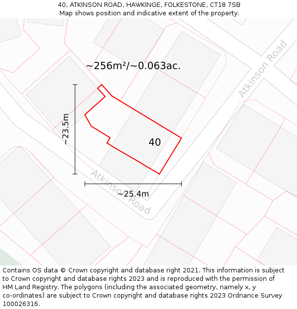 40, ATKINSON ROAD, HAWKINGE, FOLKESTONE, CT18 7SB: Plot and title map