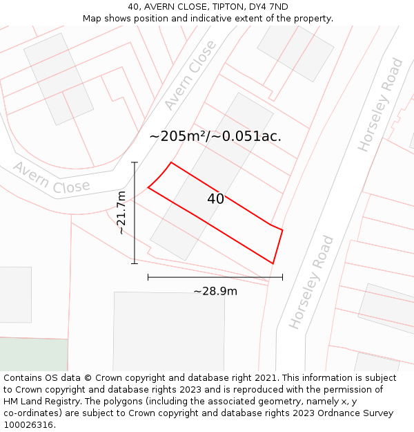 40, AVERN CLOSE, TIPTON, DY4 7ND: Plot and title map