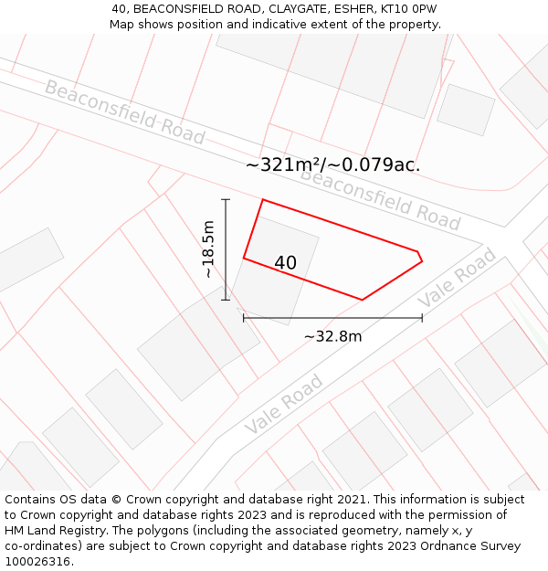 40, BEACONSFIELD ROAD, CLAYGATE, ESHER, KT10 0PW: Plot and title map