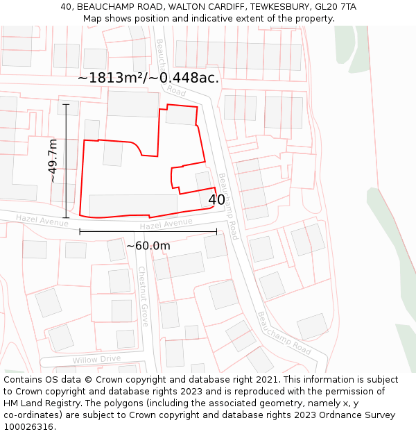 40, BEAUCHAMP ROAD, WALTON CARDIFF, TEWKESBURY, GL20 7TA: Plot and title map