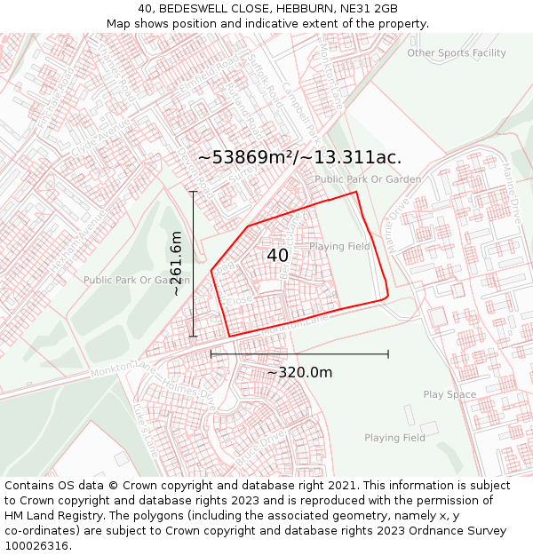 40, BEDESWELL CLOSE, HEBBURN, NE31 2GB: Plot and title map