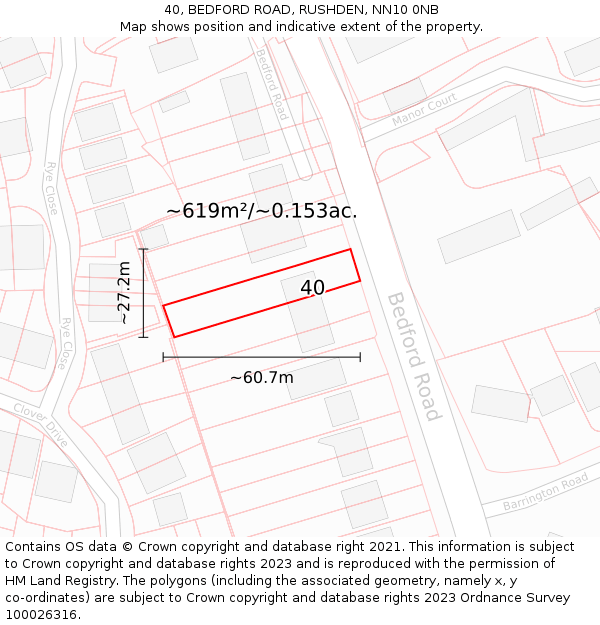 40, BEDFORD ROAD, RUSHDEN, NN10 0NB: Plot and title map