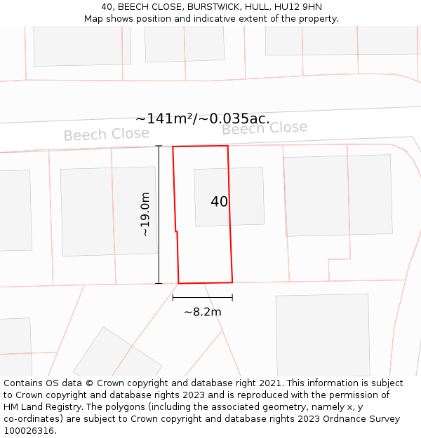 40, BEECH CLOSE, BURSTWICK, HULL, HU12 9HN: Plot and title map