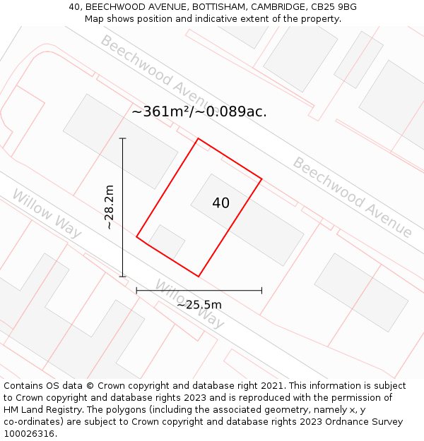 40, BEECHWOOD AVENUE, BOTTISHAM, CAMBRIDGE, CB25 9BG: Plot and title map