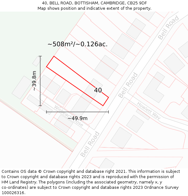 40, BELL ROAD, BOTTISHAM, CAMBRIDGE, CB25 9DF: Plot and title map