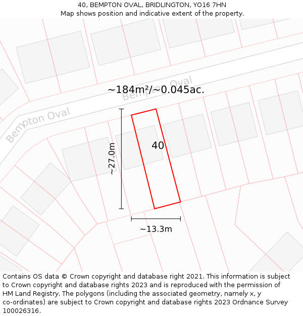 40, BEMPTON OVAL, BRIDLINGTON, YO16 7HN: Plot and title map