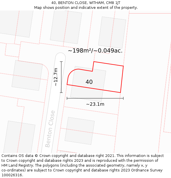 40, BENTON CLOSE, WITHAM, CM8 1JT: Plot and title map