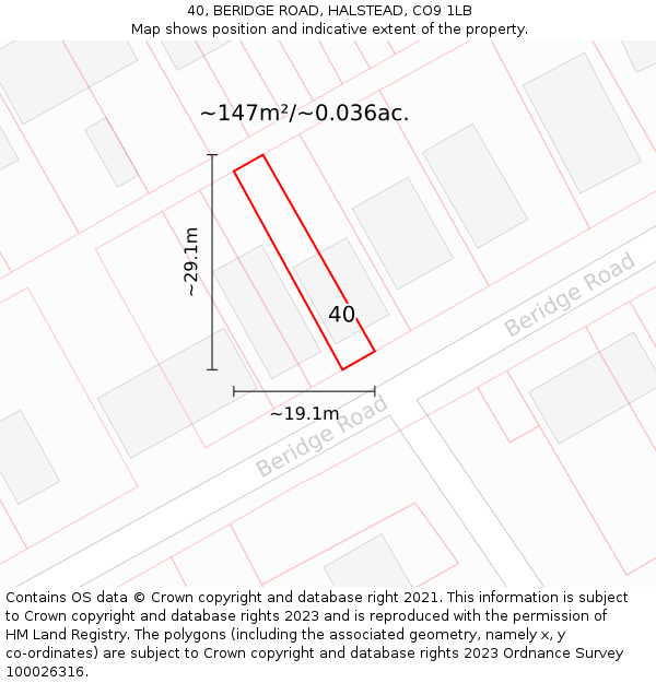 40, BERIDGE ROAD, HALSTEAD, CO9 1LB: Plot and title map