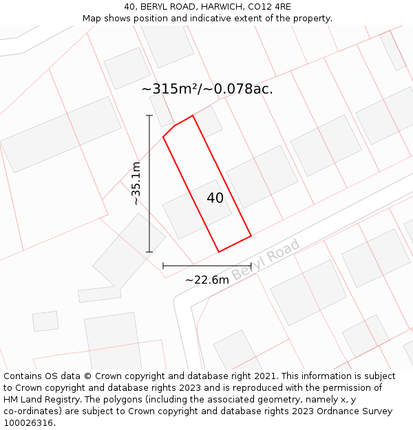 40, BERYL ROAD, HARWICH, CO12 4RE: Plot and title map