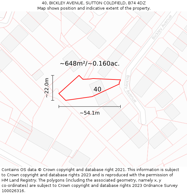 40, BICKLEY AVENUE, SUTTON COLDFIELD, B74 4DZ: Plot and title map