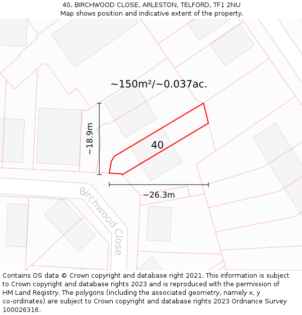 40, BIRCHWOOD CLOSE, ARLESTON, TELFORD, TF1 2NU: Plot and title map