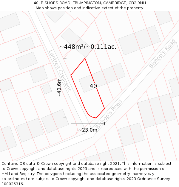 40, BISHOPS ROAD, TRUMPINGTON, CAMBRIDGE, CB2 9NH: Plot and title map