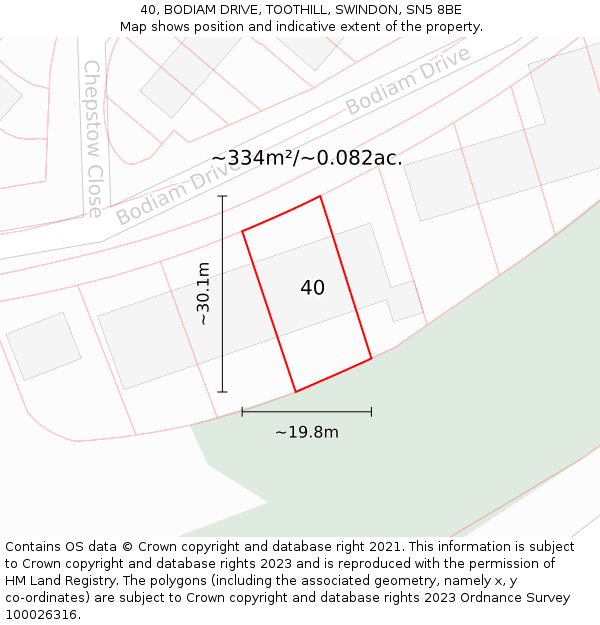 40, BODIAM DRIVE, TOOTHILL, SWINDON, SN5 8BE: Plot and title map