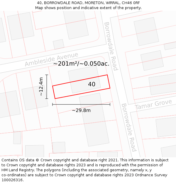 40, BORROWDALE ROAD, MORETON, WIRRAL, CH46 0RF: Plot and title map