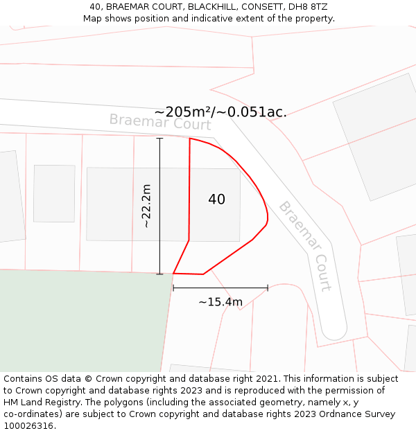 40, BRAEMAR COURT, BLACKHILL, CONSETT, DH8 8TZ: Plot and title map