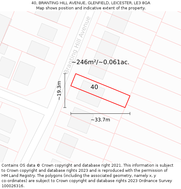 40, BRANTING HILL AVENUE, GLENFIELD, LEICESTER, LE3 8GA: Plot and title map