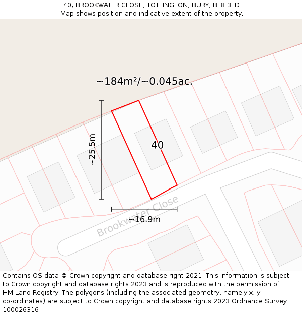 40, BROOKWATER CLOSE, TOTTINGTON, BURY, BL8 3LD: Plot and title map