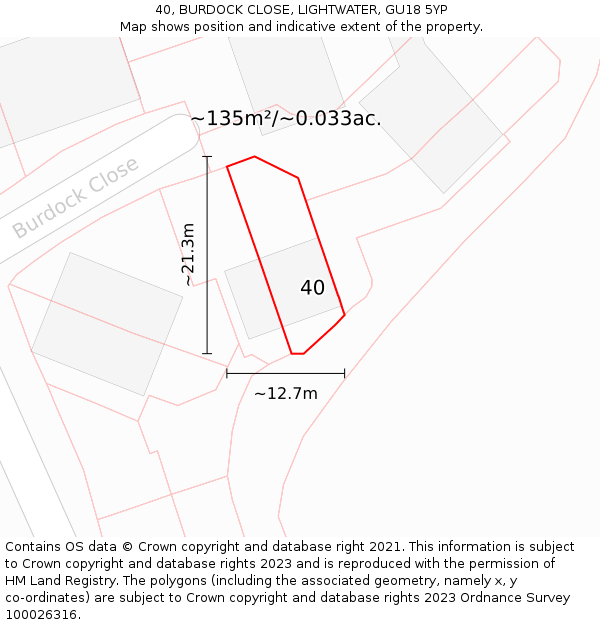 40, BURDOCK CLOSE, LIGHTWATER, GU18 5YP: Plot and title map