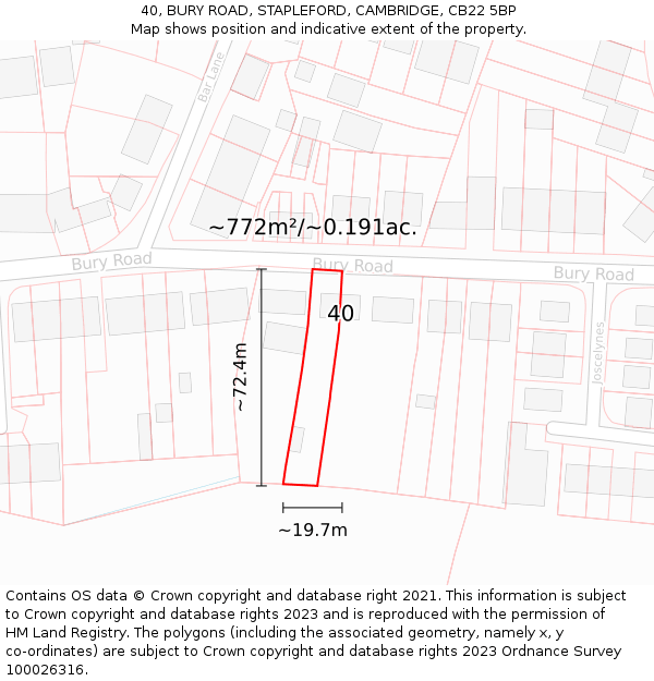 40, BURY ROAD, STAPLEFORD, CAMBRIDGE, CB22 5BP: Plot and title map