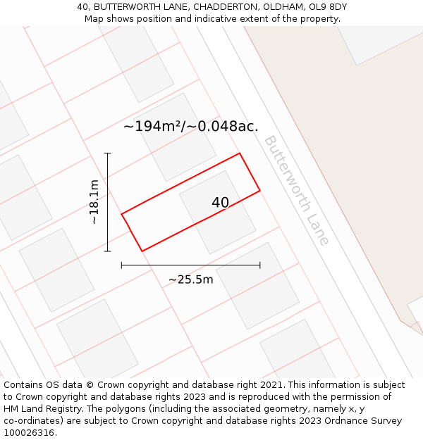 40, BUTTERWORTH LANE, CHADDERTON, OLDHAM, OL9 8DY: Plot and title map