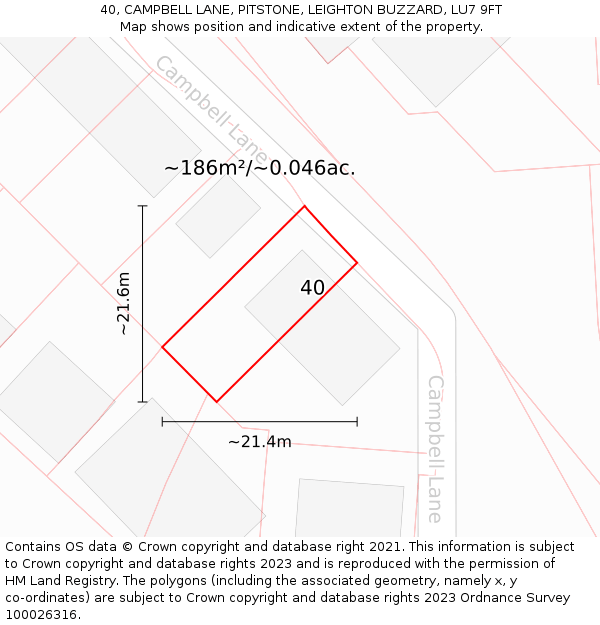 40, CAMPBELL LANE, PITSTONE, LEIGHTON BUZZARD, LU7 9FT: Plot and title map