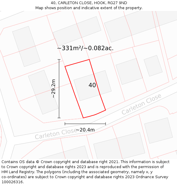 40, CARLETON CLOSE, HOOK, RG27 9ND: Plot and title map