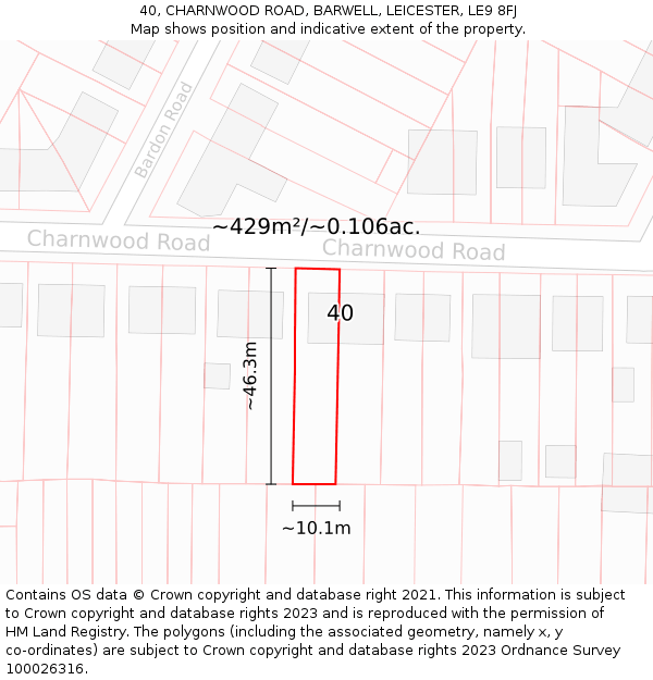 40, CHARNWOOD ROAD, BARWELL, LEICESTER, LE9 8FJ: Plot and title map