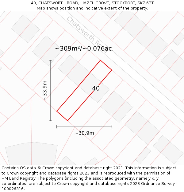 40, CHATSWORTH ROAD, HAZEL GROVE, STOCKPORT, SK7 6BT: Plot and title map