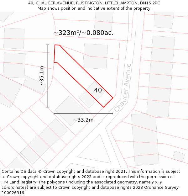 40, CHAUCER AVENUE, RUSTINGTON, LITTLEHAMPTON, BN16 2PG: Plot and title map