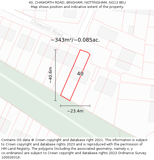 40, CHAWORTH ROAD, BINGHAM, NOTTINGHAM, NG13 8EU: Plot and title map