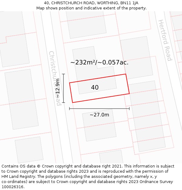 40, CHRISTCHURCH ROAD, WORTHING, BN11 1JA: Plot and title map