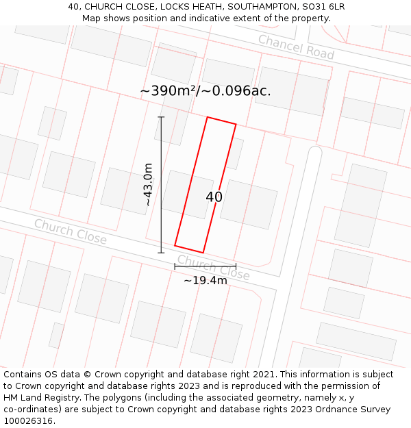 40, CHURCH CLOSE, LOCKS HEATH, SOUTHAMPTON, SO31 6LR: Plot and title map