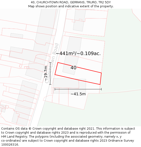 40, CHURCHTOWN ROAD, GERRANS, TRURO, TR2 5DY: Plot and title map