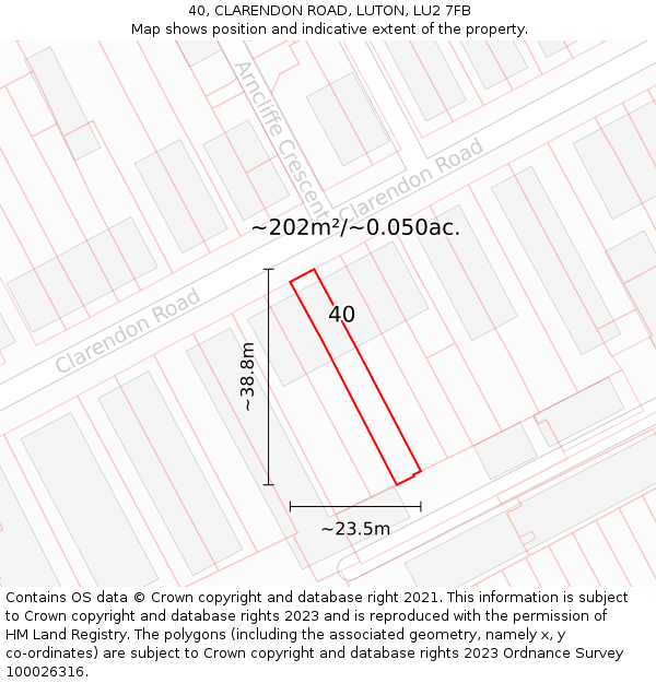 40, CLARENDON ROAD, LUTON, LU2 7FB: Plot and title map