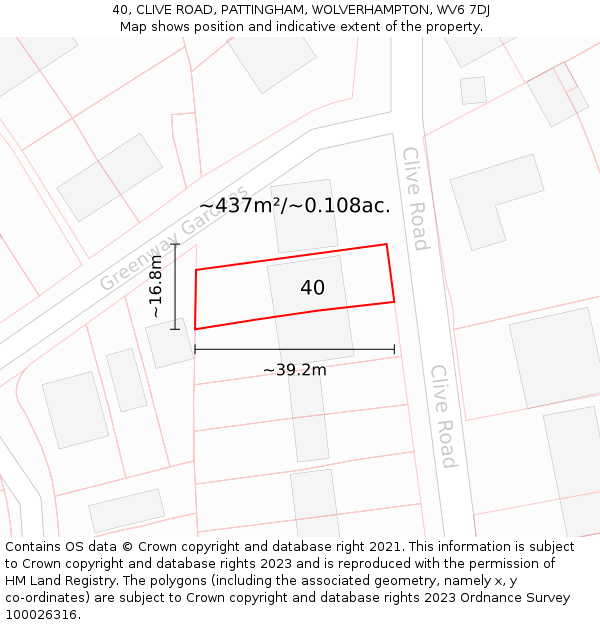 40, CLIVE ROAD, PATTINGHAM, WOLVERHAMPTON, WV6 7DJ: Plot and title map