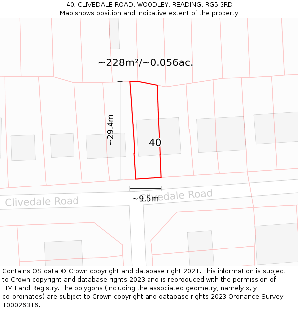 40, CLIVEDALE ROAD, WOODLEY, READING, RG5 3RD: Plot and title map