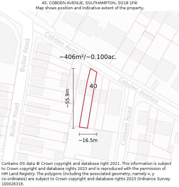 40, COBDEN AVENUE, SOUTHAMPTON, SO18 1FW: Plot and title map