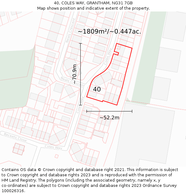 40, COLES WAY, GRANTHAM, NG31 7GB: Plot and title map