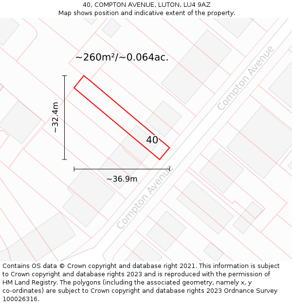 40, COMPTON AVENUE, LUTON, LU4 9AZ: Plot and title map