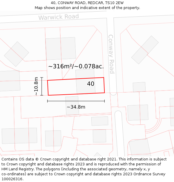 40, CONWAY ROAD, REDCAR, TS10 2EW: Plot and title map