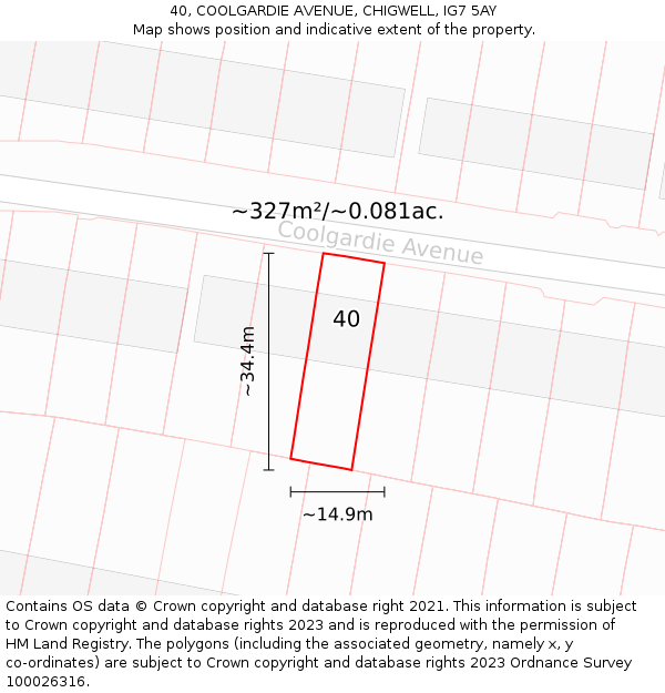 40, COOLGARDIE AVENUE, CHIGWELL, IG7 5AY: Plot and title map