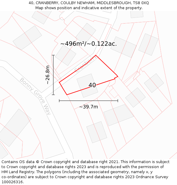 40, CRANBERRY, COULBY NEWHAM, MIDDLESBROUGH, TS8 0XQ: Plot and title map