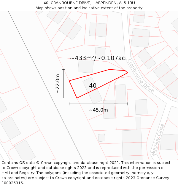 40, CRANBOURNE DRIVE, HARPENDEN, AL5 1RU: Plot and title map