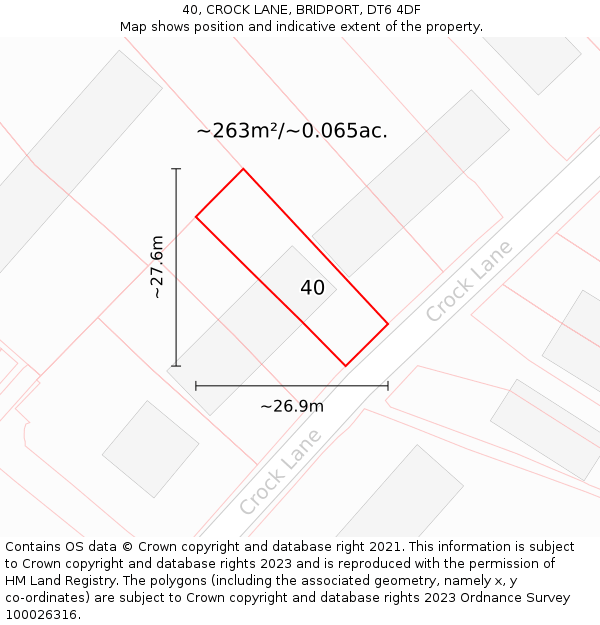 40, CROCK LANE, BRIDPORT, DT6 4DF: Plot and title map