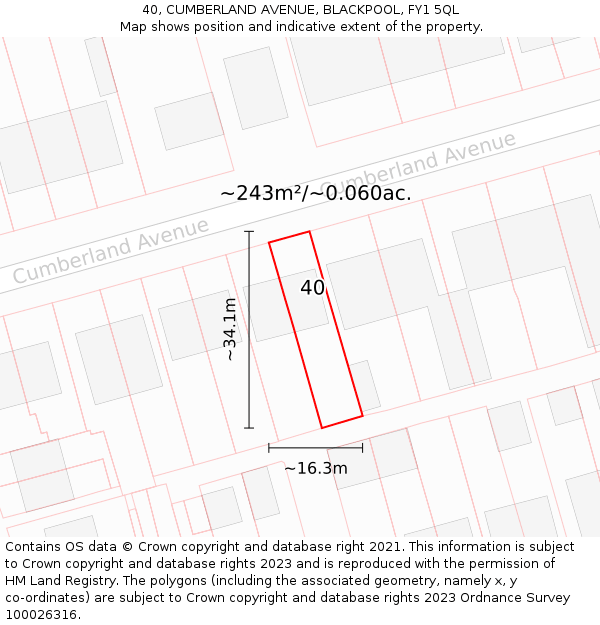 40, CUMBERLAND AVENUE, BLACKPOOL, FY1 5QL: Plot and title map