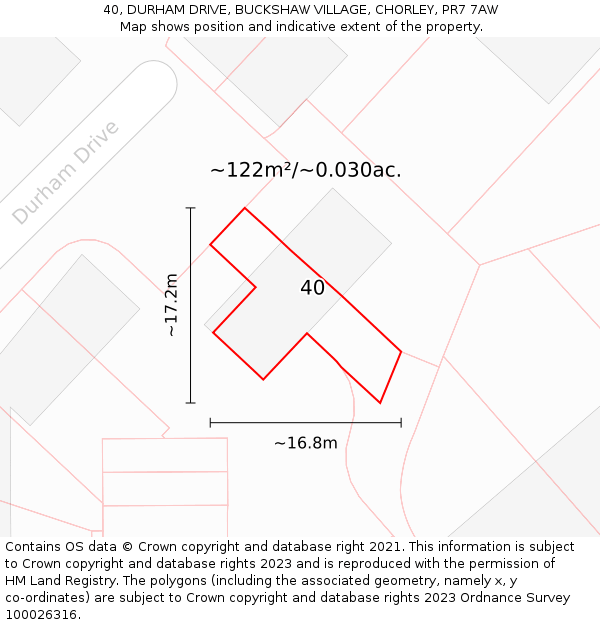40, DURHAM DRIVE, BUCKSHAW VILLAGE, CHORLEY, PR7 7AW: Plot and title map