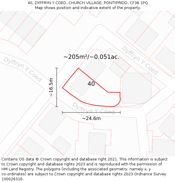 40, DYFFRYN Y COED, CHURCH VILLAGE, PONTYPRIDD, CF38 1PQ: Plot and title map