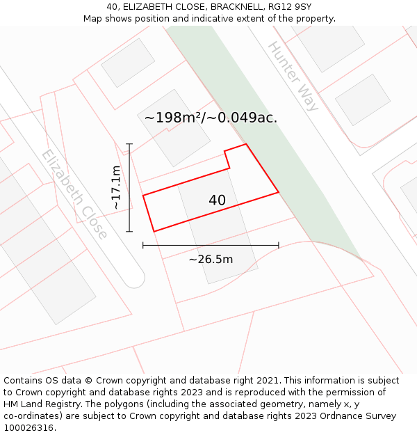 40, ELIZABETH CLOSE, BRACKNELL, RG12 9SY: Plot and title map