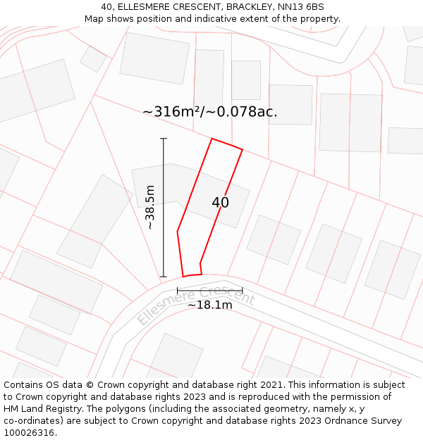 40, ELLESMERE CRESCENT, BRACKLEY, NN13 6BS: Plot and title map